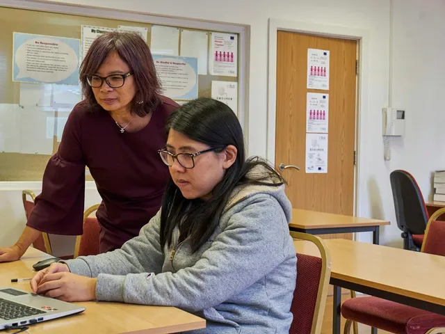 One person showing another something on a laptop during a lesson
